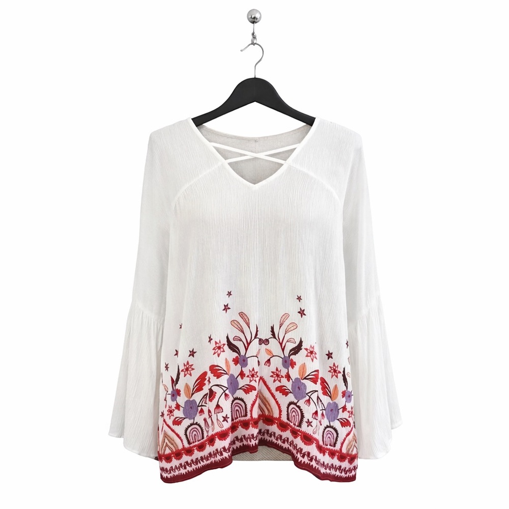 Embroidered Boho Blouse (Size XS, 100% Rayon)